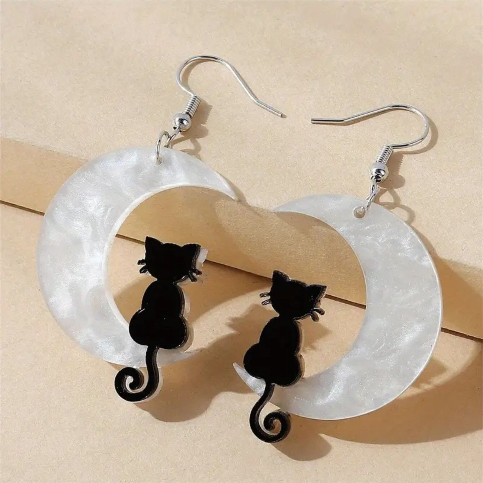Cute Gothic Kitty Crescent Moon Black Cat Acrylic Dangle Earrings 9$